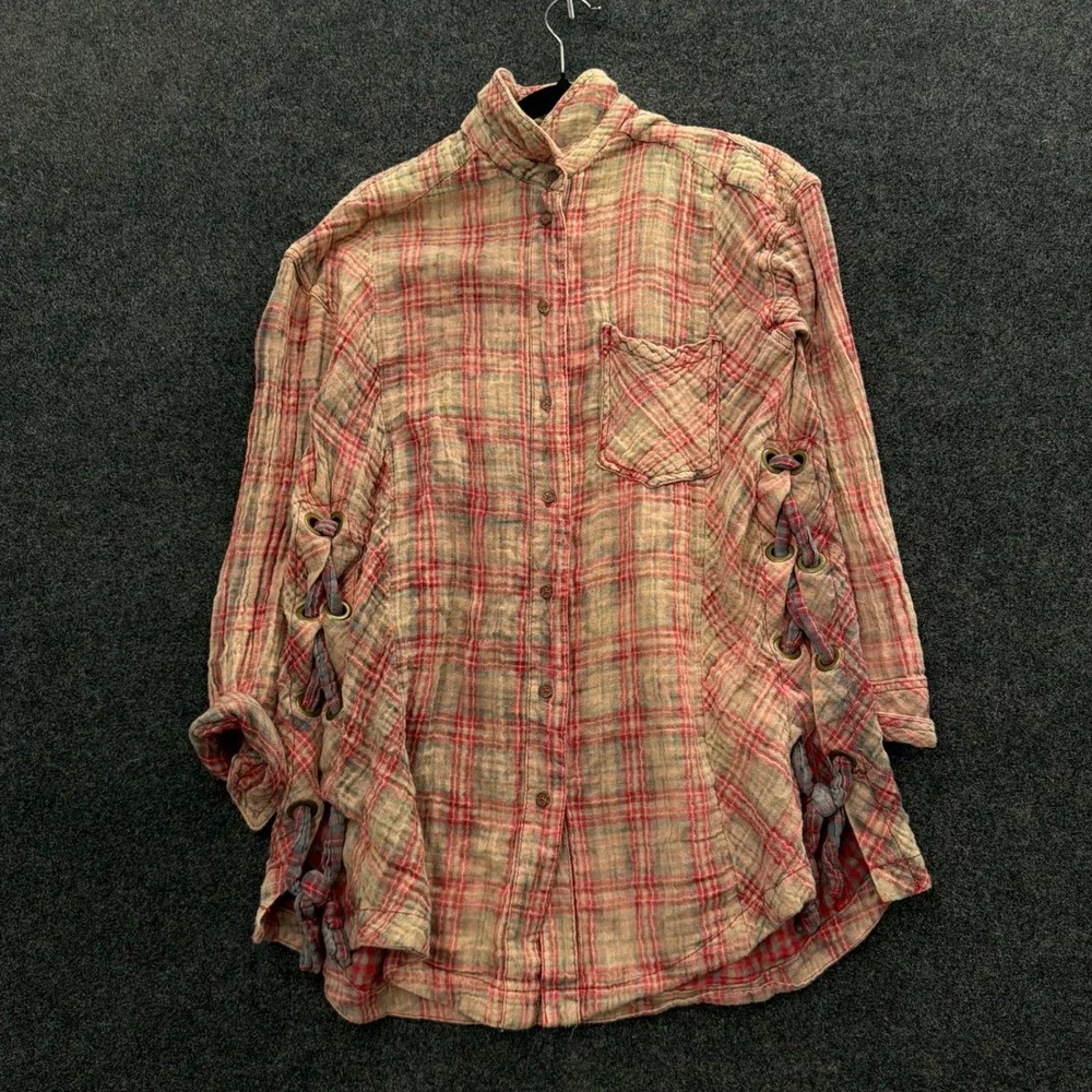 Free People Red Plaid Cotton Gauze Lace Up Side Button Down Shirt Top Boho